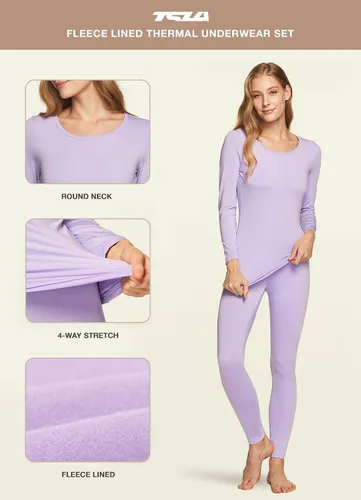 Miniatura 4 de TSLA Conjunto de ropa interior térmica para mujer, vellón suave, pantalones largos, primera capa cálida para invierno, parte superior e inferior