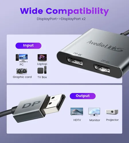 Miniatura 8 de Adaptador divisor Displayport a Dual Displayport 4K @60Hz, adaptador divisor DP 1.4 1 en 2 salidas SST/MST pantalla extendida compatible con PC