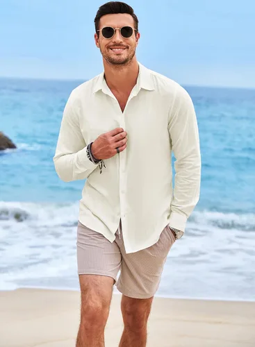 Miniatura 3 de JMIERR Camisas de lino para hombre, camisas casuales de playa de manga larga con botones