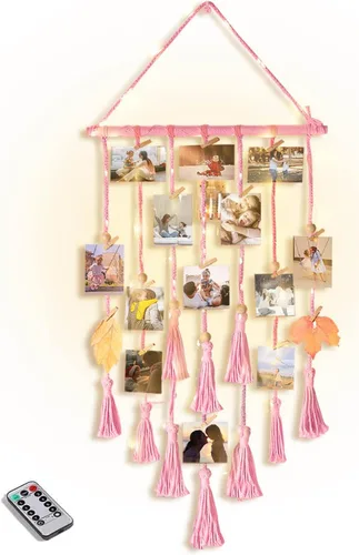 Miniatura 14 de Homecor Decoración de pared colgante de macramé negro, decoración bohemia para habitación, collage de marcos de fotos con luz remota, 30 clips