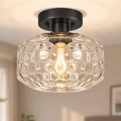 Miniatura 11 de DSMJFU - Lámpara de techo semiempotrada negra, lámpara de techo pequeña vintage, accesorio de iluminación de pasillo de vidrio blanco grueso, luz