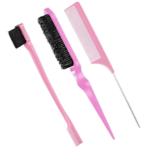 Geiserailie Juego de 3 Cepillos para Cabello Slick Back, Cepillo de Cerdas, Control de Bordes, Peine Desenredante para Cabello Negro de Mujeres Rosa