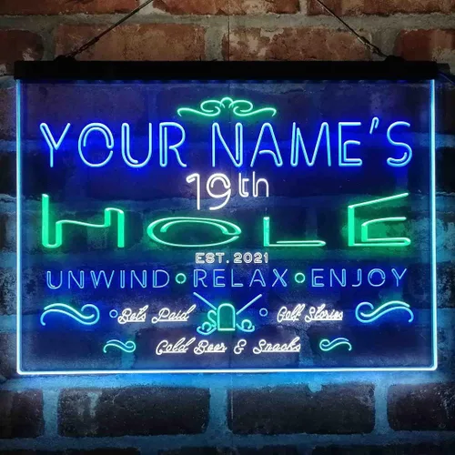 Miniatura 20 de Personalized 19th Hole Golf Club Tri-Color LED Neon Light Sign Customize Name Date Text Quote Font Green & Red & Yellow 13 x 8.7 Inches