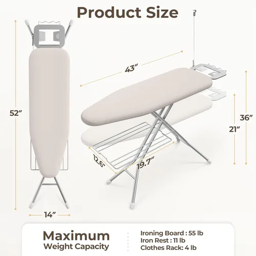 Miniatura 3 de Yaheetech Tabla de planchar, tabla de planchar compacta con soporte para cable, soporte para plancha de vapor y bandeja de almacenamiento inferior