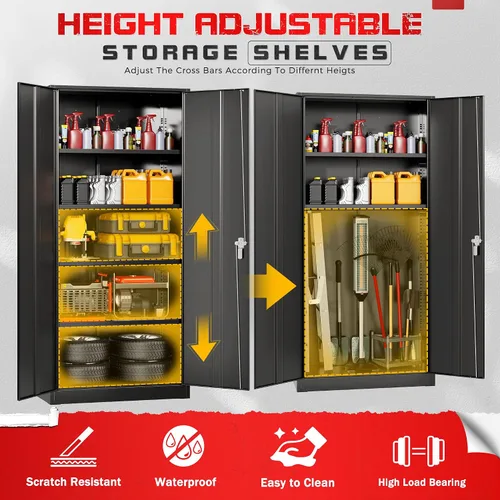 Miniatura 4 de Pataku Armario de almacenamiento de metal con cerradura, gabinete de garaje negro de 71 pulgadas de alto con 2 puertas y 4 estantes ajustables