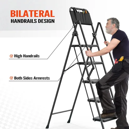 Miniatura 2 de LUISLADDERS Escalera de 5 escalones con barandillas, taburete plegable con pedal antideslizante ampliado, escalera ligera de 5 escalones plegable