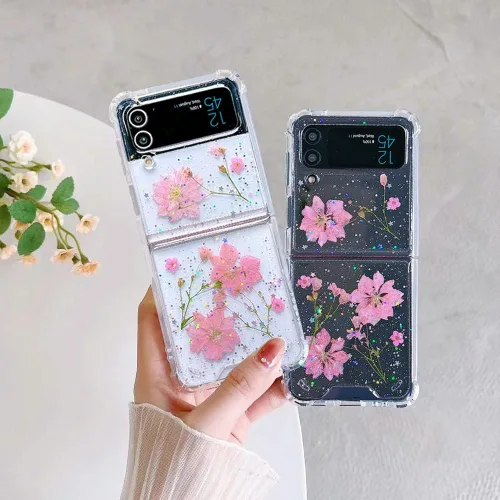 Miniatura 5 de Abbery Funda transparente para Samsung Galaxy Z Flip 3 5G, transparente y con diseño de purpurina bonita con purpurina floral prensada de Rosa