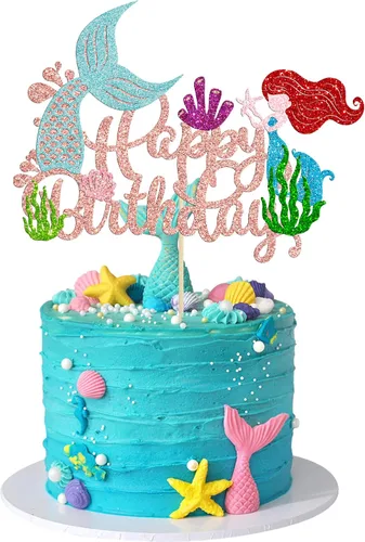 Miniatura 11 de Gyufise 1 pieza de decoración de pastel de sirena de feliz cumpleaños con purpurina de animales del océano, conchas marinas, cola de sirena
