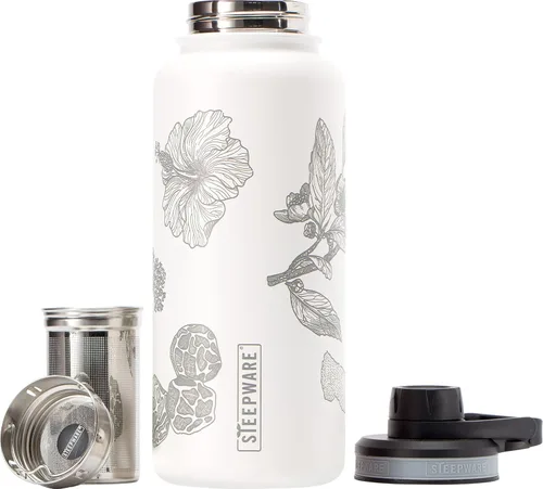 The Tea Spot Vaso de té del Himalaya, botella de viaje con infusor de té para té de hojas sueltas o café helado, 32 onzas, grabado en blanco,