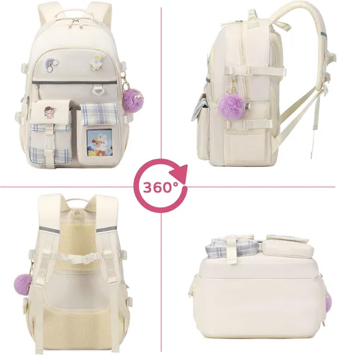 Miniatura 6 de Mochila para niñas de 15.6 pulgadas para laptop, bolsa escolar para niños de primaria y universidad, mochilas y bolsos escolares para niñas Beige