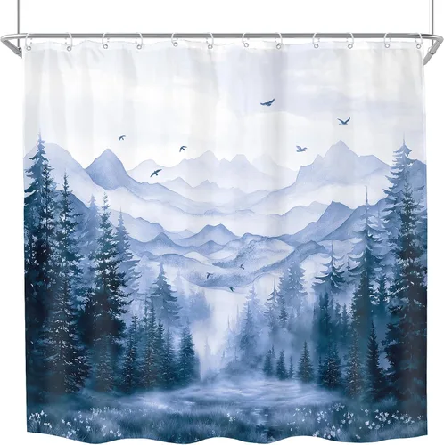 Miniatura 7 de KOMLLEX Cortina de ducha de montaña azul para decoración de baño, 72 pulgadas de ancho x 72 pulgadas de alto, rústico, acuarela, bosque, pino