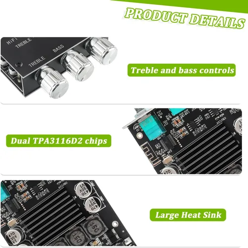 Miniatura 2 de Placa de amplificador Bluetooth de 100W+100W con control de agudos y bajos Chips TPA3116D2 DC 9-24V Entradas BT y AUX 2.0 Canales Placa