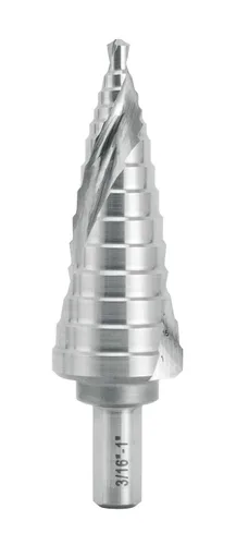 Broca escalonada industrial HSS 3/16" a 1" con vástago de 3/8", flauta espiral doble con tamaño de 14 pasos