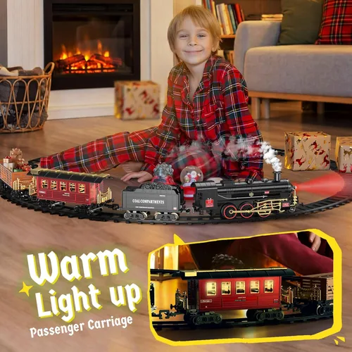 Miniatura 3 de Set de trenes Hot Bee - Juguetes de trenes de aleación para niños con vagón brillante y silencioso, tren de juguete con humo, luces y sonido, tren