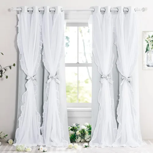 Miniatura 32 de PONY DANCE Cortinas con Volantes de Doble Capa con Superposición Transparente, Decoración Elegante para Ventanas de Diseño Rústico Francés de Campo