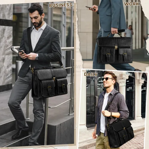 Miniatura 2 de RAINSMORE Bolsa de mensajero para hombre de 15.6 pulgadas de cuero vintage para laptop, maletín impermeable, bolsa de cuero para computadora laptop