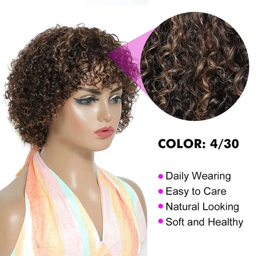 Miniatura 3 de Peluca de cabello humano rizado estilo Bob para mujeres negras, 150% de densidad, mezcla de castaño caoba, peluca corta sin pegamento por