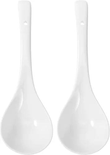 Hemoton Paquete de 2 cucharas grandes de cerámica asiática para sopa de porcelana profunda de alta resistencia con mango largo de 10.43 pulgadas