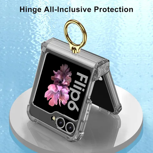 Miniatura 5 de Funda transparente para Samsung Galaxy Z Flip 6, protección de bisagra de lujo con soporte de anillo y protector de pantalla, funda suave todo Negro