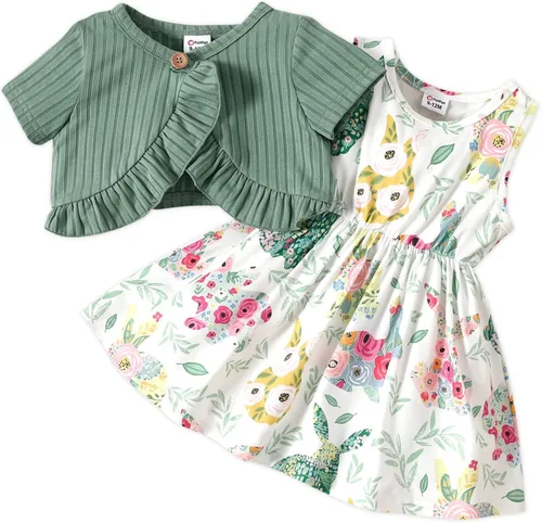 PATPAT Conjunto de 2 piezas de vestido y cárdigan para niñas pequeñas, estampado de girasol, vestido sin mangas y cárdigan de manga larga