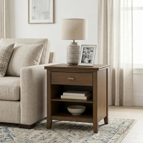 Miniatura 2 de SIMPLIHOME Mesita de noche artesanal de madera maciza de 24 pulgadas de ancho en marrón otoño, mesa auxiliar o auxiliar contemporánea con 1 cajón