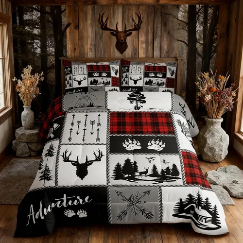 Miniatura 119 de Juego de edredón de cuernos de ciervo tamaño individual, juego de ropa de cama rústica de granja con huellas de oso y pinos para decoración