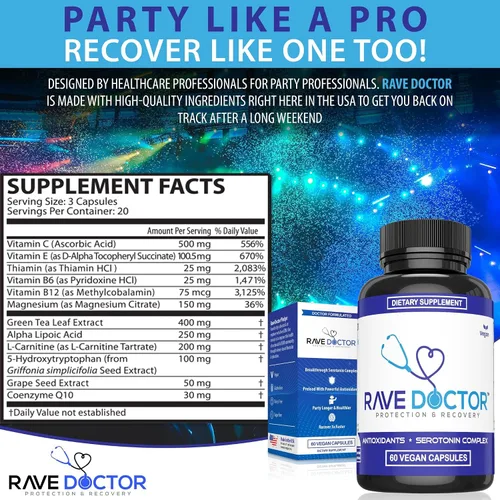 Miniatura 5 de Suplemento Rave Doctor 5 HTP - Vitaminas Esenciales de Rave para Asistentes a Festivales, Accesorios de Rave, Esenciales de Festival, Equipo
