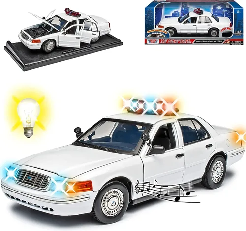 Motormax 1:18 2001 Ford Crown Victoria Police Light & Sound SIN MARCADO Blanco 73992 (blanco)