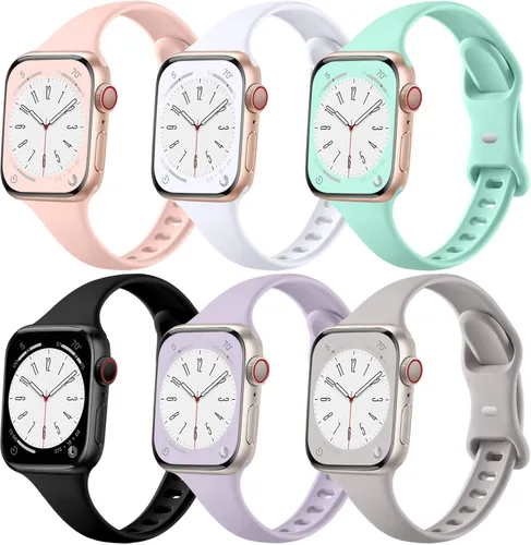 Miniatura 10 de Lerobo 6 Pack Thin Slim Bands Compatible with Apple Watch 38mm 40mm 41mm 42mm 44mm 45mm 46mm 49mm for Women Men, Soft Silicone Sport Strap Wristband