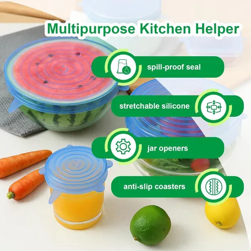 Miniatura 3 de Tapas elásticas de silicona, paquete de 6 fundas reutilizables para alimentos, silicona flexible para cuencos, recipientes, frutas, sello hermético