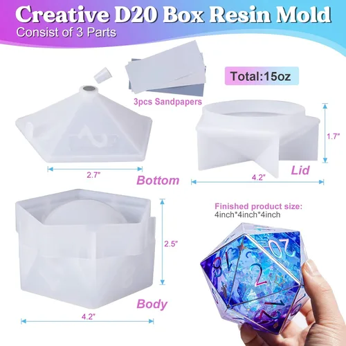 Miniatura 2 de LET'S RESIN Caja de dados D20 Moldes de resina de silicona, moldes de silicona para dados D20 para resina epoxi y resina de fundición, moldes