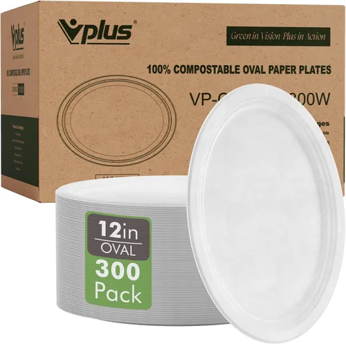 Miniatura 9 de Vplus Platos de papel ovalados 100% compostables 10 pulgadas 125 unidades Platos de papel desechables súper resistentes de bagazo natural 10
