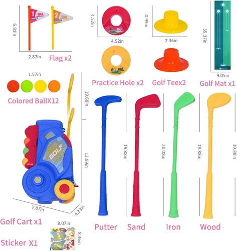 Miniatura 4 de Nattork Juego de golf para niños y niñas de 1, 2 y 3 años, carrito de golf mejorado para niños con 4 palos y 12 pelotas, juguete deportivo para Azul