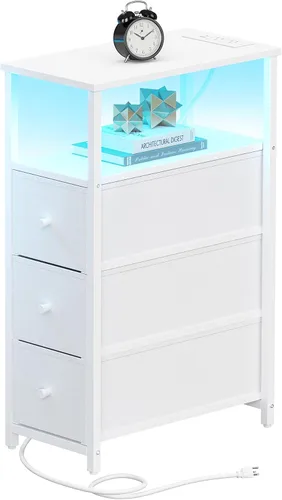Miniatura 14 de TUTOTAK - Mesa auxiliar pequeña y estrecha con estación de carga; mesa de lado con tomas de corriente; mesita de noche con 2 cajones de tela; mesa