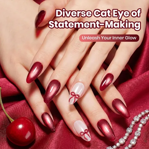 Miniatura 5 de Beetles - Esmalte de uñas de gel de ojo de gato rojo, cereza teñida de vino, 0.5 onzas líquidas, esmalte de gel magnético 2 efectos de ojo de gato