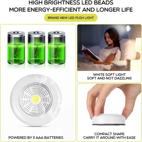 Miniatura 3 de Macarrie Paquete de 12 luces LED inalámbricas de disco, iluminación debajo del gabinete, luz táctil portátil de 70 lúmenes, funciona
