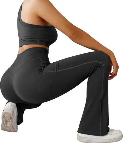 Miniatura 5 de MOSHENGQI Leggings acampanados acanalados para mujer, pantalones de yoga sin costuras de cintura alta