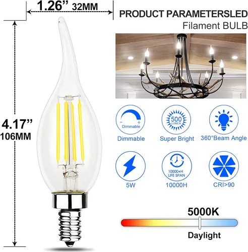 Miniatura 2 de Energetic Paquete de 24 Bombillas LED Regulables para Candelabro, Forma CA10, Estilo de Punta de Llama, Equivalente a 60 Vatios, 500LM 5000K Luz