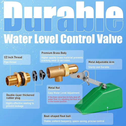 Miniatura 2 de Válvula de flotador de latón de 1/2 pulgada con brazo ajustable, válvula controladora de nivel de agua de 40 PSI, válvula de bola de flotador