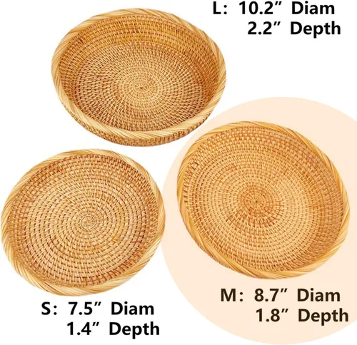 Miniatura 2 de I-lan Cesta de pan de ratán de 9 pulgadas con pared de 2 pulgadas, bandeja plana de mimbre con borde enrollado, cuenco redondo decorativo para todos