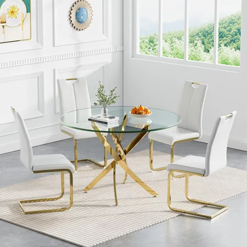 Miniatura 54 de Juego de mesa de comedor redonda de 3 piezas para 2, mesa de cocina moderna de vidrio plateado y sillas para 2 con sillas tapizadas, juego de mesa