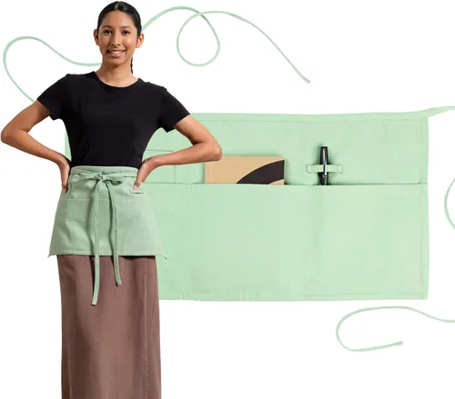 Miniatura 12 de MEEMA Delantal de cintura de chef de tela de algodón, lavable y transpirable, medio delantal para mujer con bolsillos y correas largas