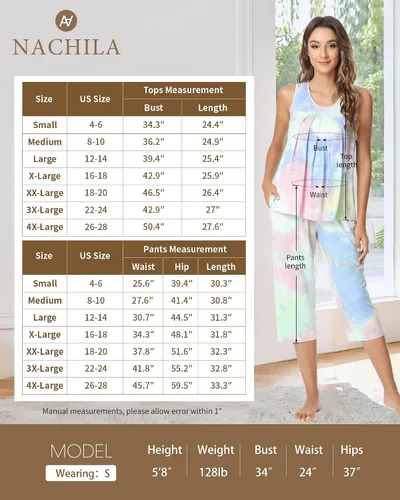 Miniatura 2 de NACHILA Conjunto de pijama de bambú para mujer, sin mangas, suave, pantalones capri, tallas S-4XL