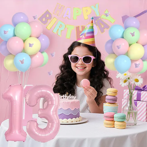 Miniatura 6 de 13th Birthday Decorations For Girls -12 Inch Pastel Balloons, 32 Inch Pink 13 Balloon, 3D Butterflies Stickers, Happy Birthday Banner For Teen Girl
