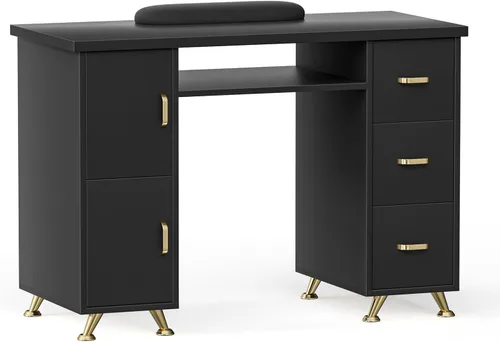Miniatura 10 de Mesa de manicura, mesa de uñas, estación de mesa de uñas, resistente a acetona, cojín de muñeca, 3 cajones y 2 gabinetes