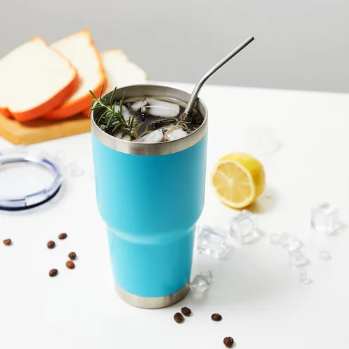 Miniatura 5 de MEWAY Vaso aislado de 30 onzas con tapas y popotes, vaso de café de acero inoxidable con doble vacío, cepillo, taza de café duradera con Mixture