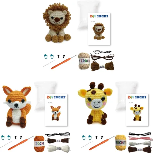 Miniatura 2 de GZBZTZ Kit de ganchillo de animales salvajes 3 en 1: león, zorro y jirafa Juego de safari amigurumi para principiantes con guía de video Regalo
