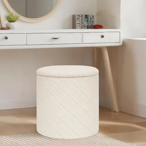Miniatura 8 de B FSOBEIIALEO Otomana con almacenamiento, otomana redonda de bouclé con bandeja, taburete reposapiés para dormitorio, sala de estar blanca, Blanco
