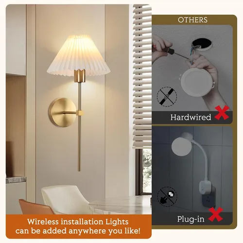 Miniatura 8 de Juego de 2 apliques de pared inalámbricos, pantallas plisadas recargables que funcionan con batería, luces de pared retro industriales doradas