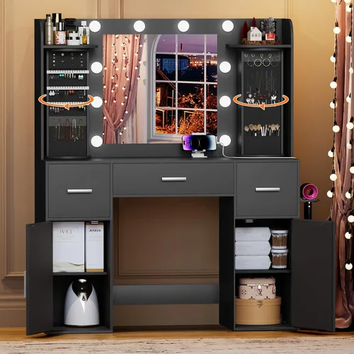 EasyCom - Mesa de tocador con organizadores de joyería giratorios, tocador de maquillaje con espejo y luces, mesa de vestir con estación de carga
